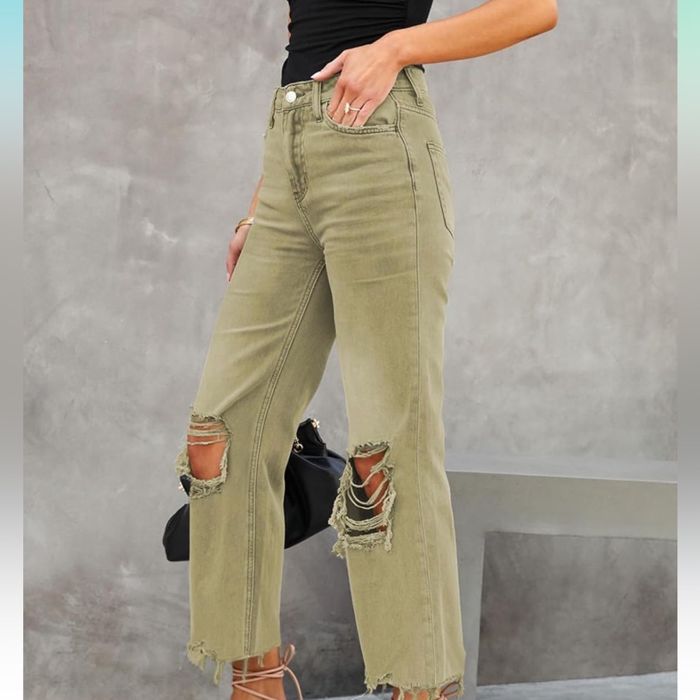 LOLONG High Waisted Ripped Flare Jeans for Women Casual Distressed Pants